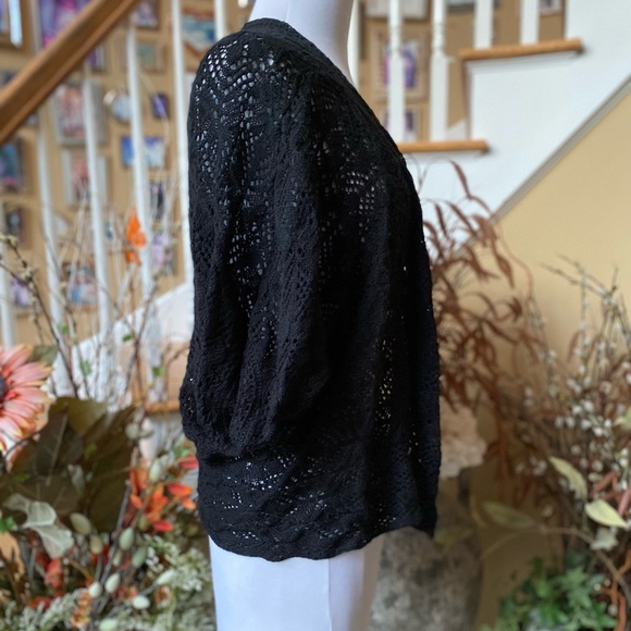 Lucky Brand L/XL Black Open Knit Cardigan Short Linen/Cotton Sweater - Picture 2 of 5